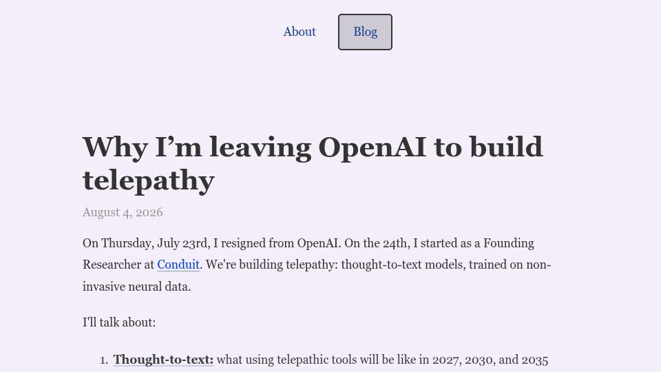 Screenshot of naomibashkansky.com: I’m leaving OpenAI to build telepathy