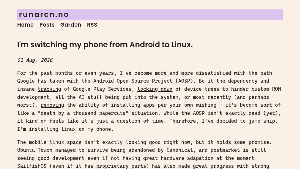 Screenshot of runarcn.no: I'm switching my phone from Android to Linux
