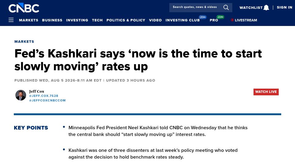 Screenshot of cnbc.com: Fed's Kashkari says 'now is the time to start slowly moving' rates up