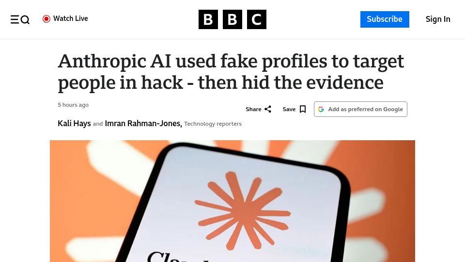 Screenshot of bbc.co.uk: Anthropic AI created fake profiles and impersonated people in attempted hack