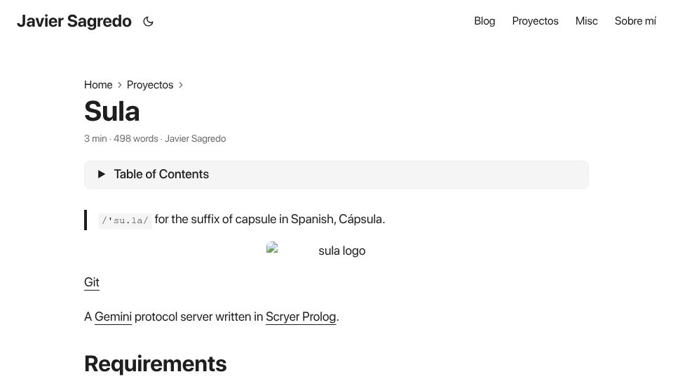 Screenshot of sagredo.dev: Sula: A Gemini protocol server written in Scryer Prolog