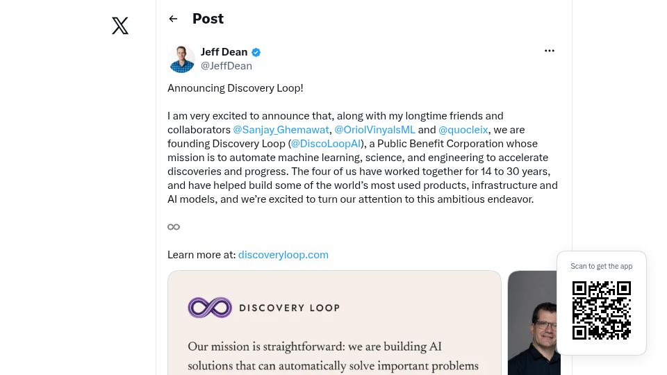 Screenshot of twitter.com: Jeff Dean Leaving Google
