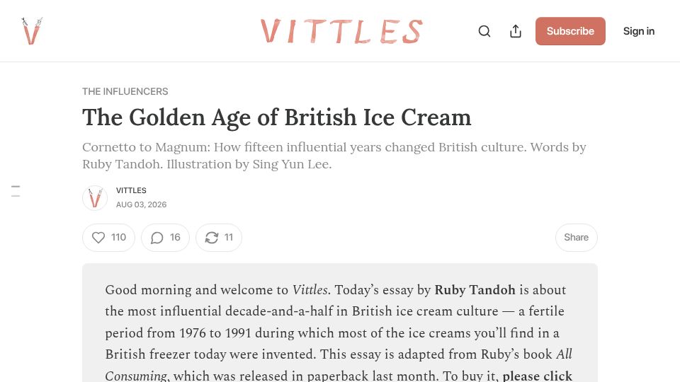 Screenshot of vittlesmagazine.com: The Golden Age of British Ice Cream