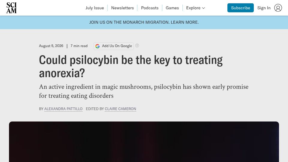 Screenshot of scientificamerican.com: Could psilocybin be the key to treating anorexia?