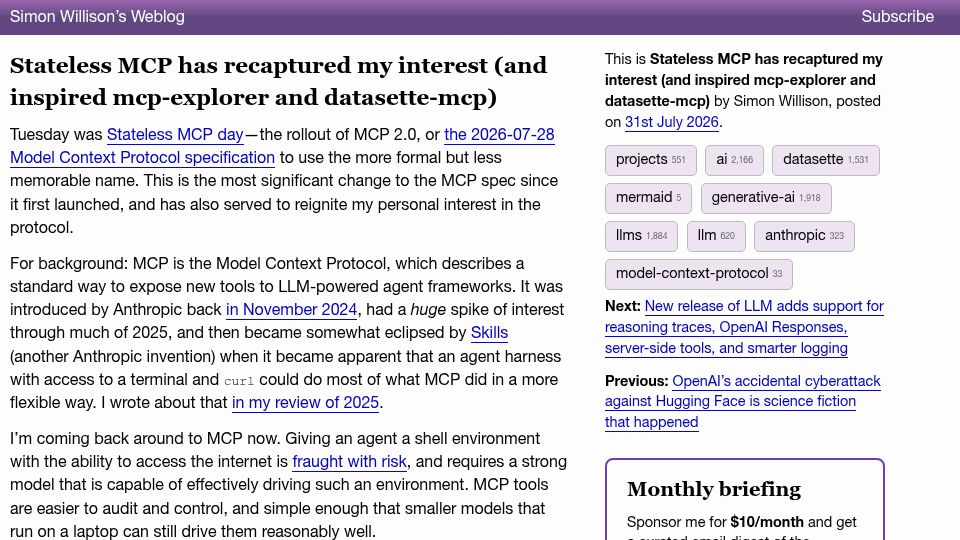 Screenshot of simonwillison.net: Stateless MCP has recaptured my interest