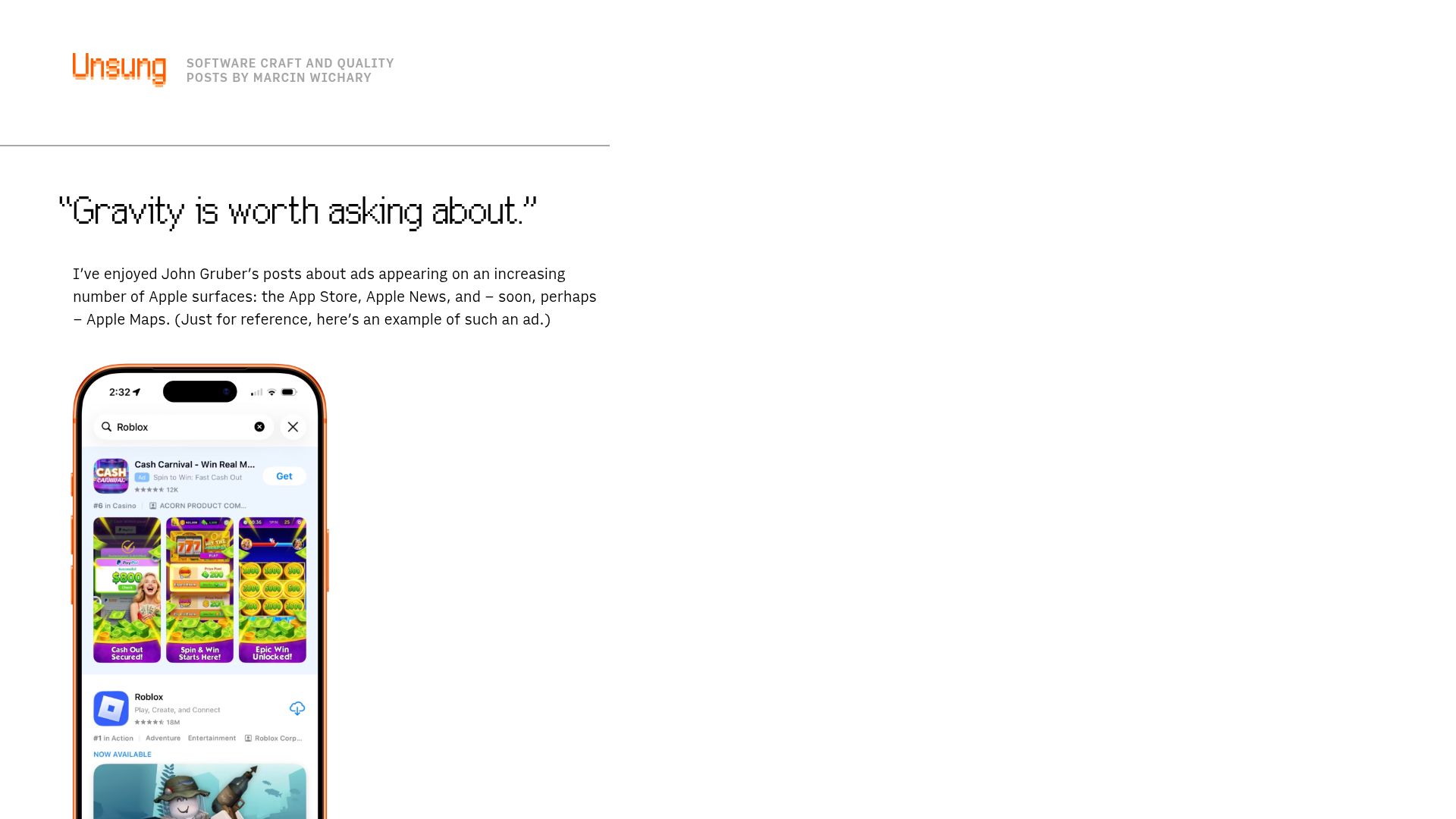 Screenshot of unsung.aresluna.org: “Gravity is worth asking about”