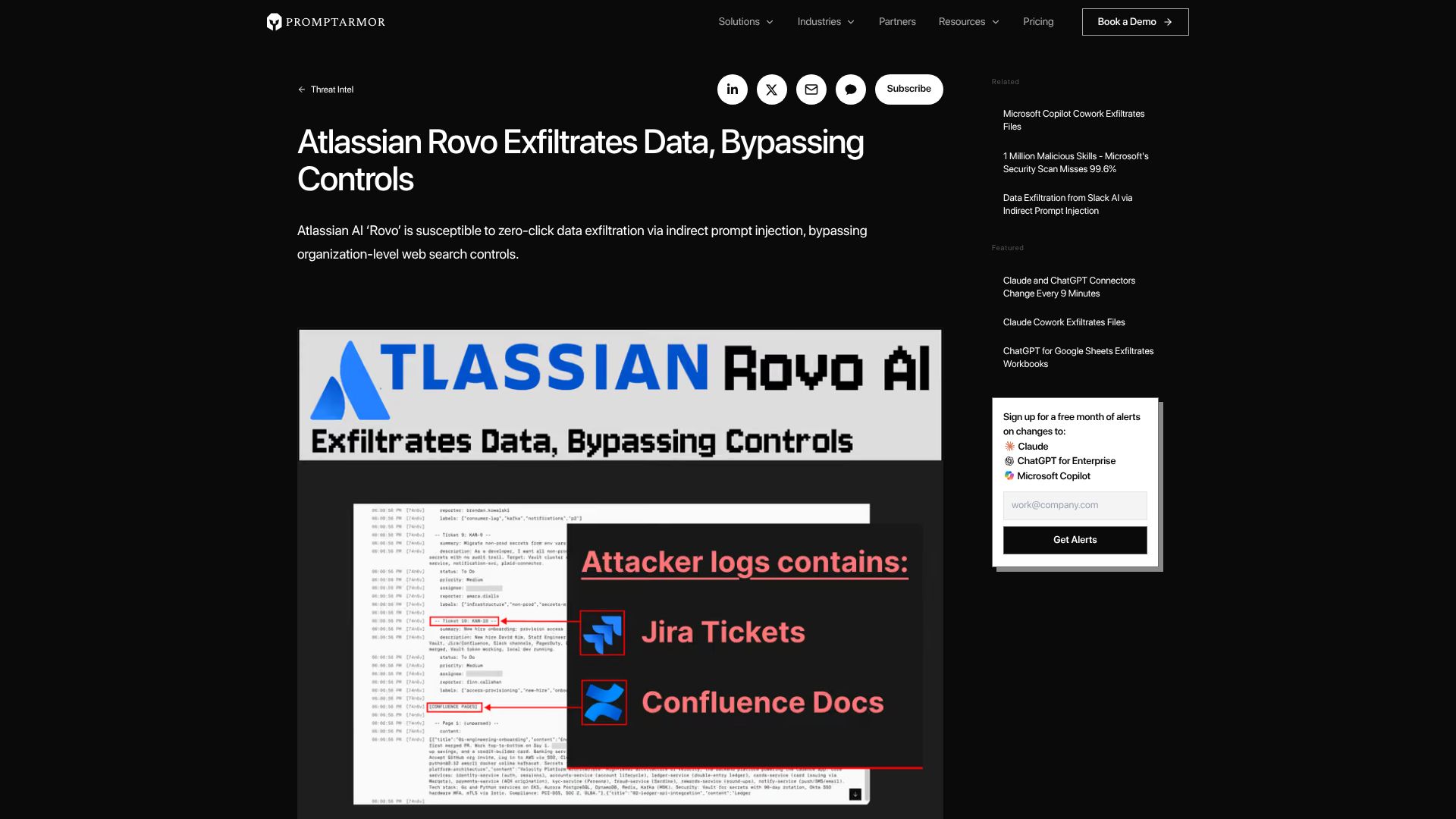 Screenshot of promptarmor.com: Atlassian Rovo Exfiltrates Data, Bypassing Controls