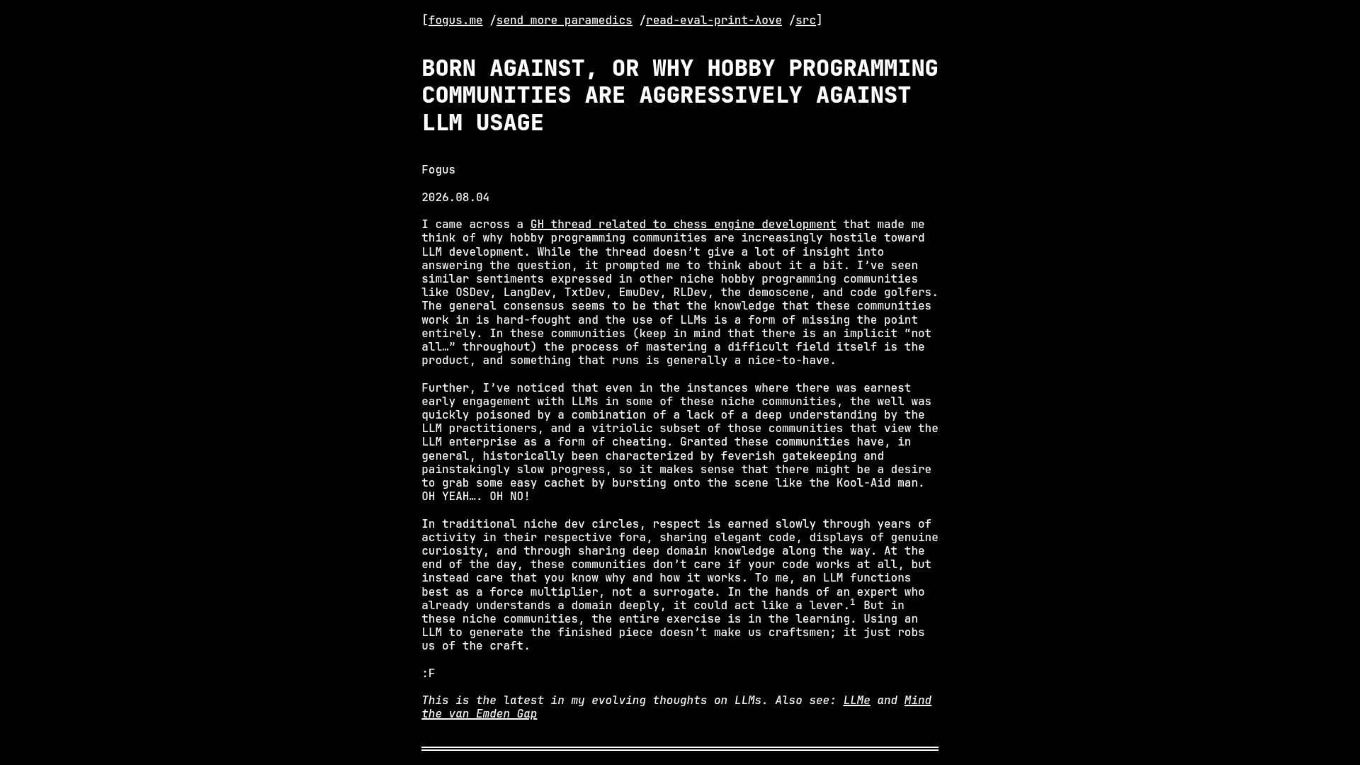 Screenshot of blog.fogus.me: Born Against, or why hobby programming communities are against LLM usage