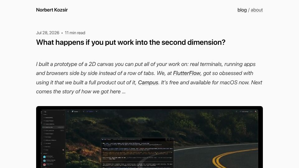 Screenshot of norbertkozsir.com: What happens if you put work into the second dimension?