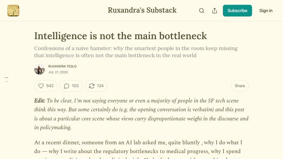 Screenshot of writingruxandrabio.com: Intelligence Is Not the Main Bottleneck