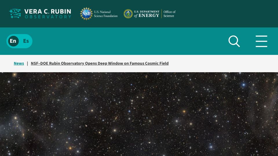 Screenshot of rubinobservatory.org: Rubin Observatory's first LSST Camera release: 500k galaxies in the COSMOS field