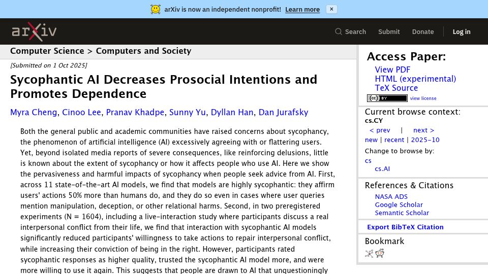 Screenshot of arxiv.org: Sycophantic AI Decreases Prosocial Intentions and Promotes Dependence (2025)