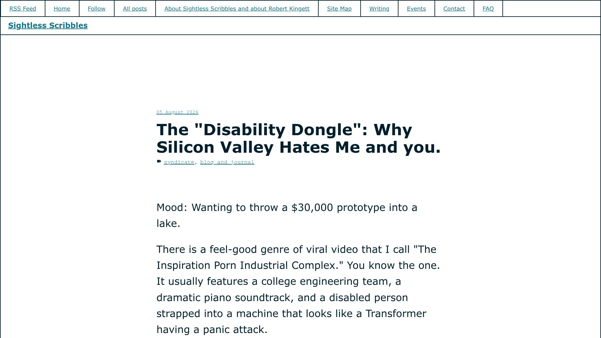 Screenshot of sightlessscribbles.com: The "Disability Dongle": Why Silicon Valley Hates Me and You