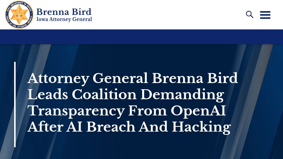 Screenshot of iowaattorneygeneral.gov: Iowa-led states ask OpenAI to keep their bots on a leash