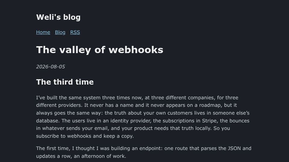 Screenshot of weli.dev: The Valley of Webhooks
