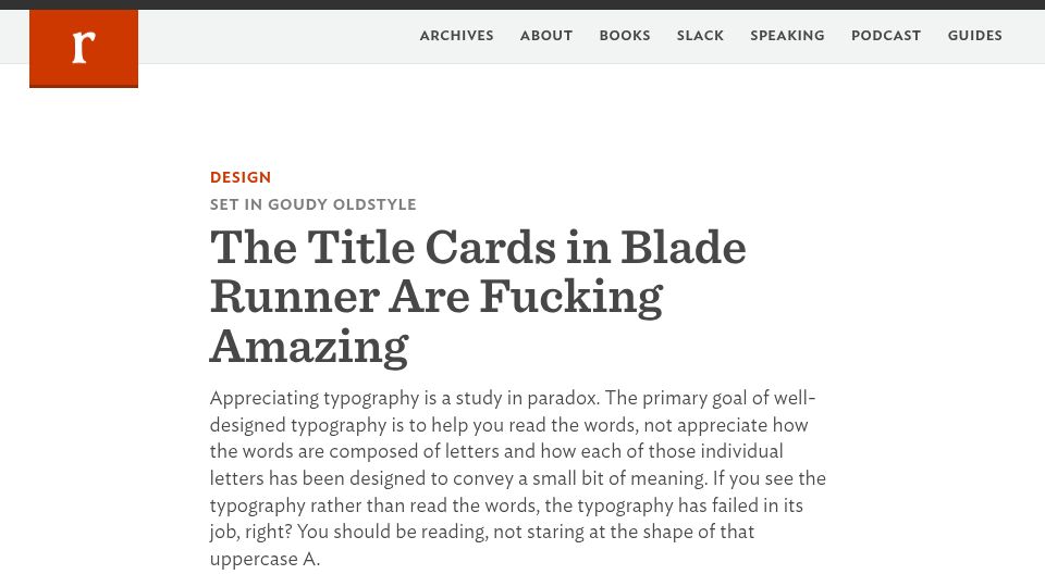 Screenshot of randsinrepose.com: The title cards in Blade Runner are amazing
