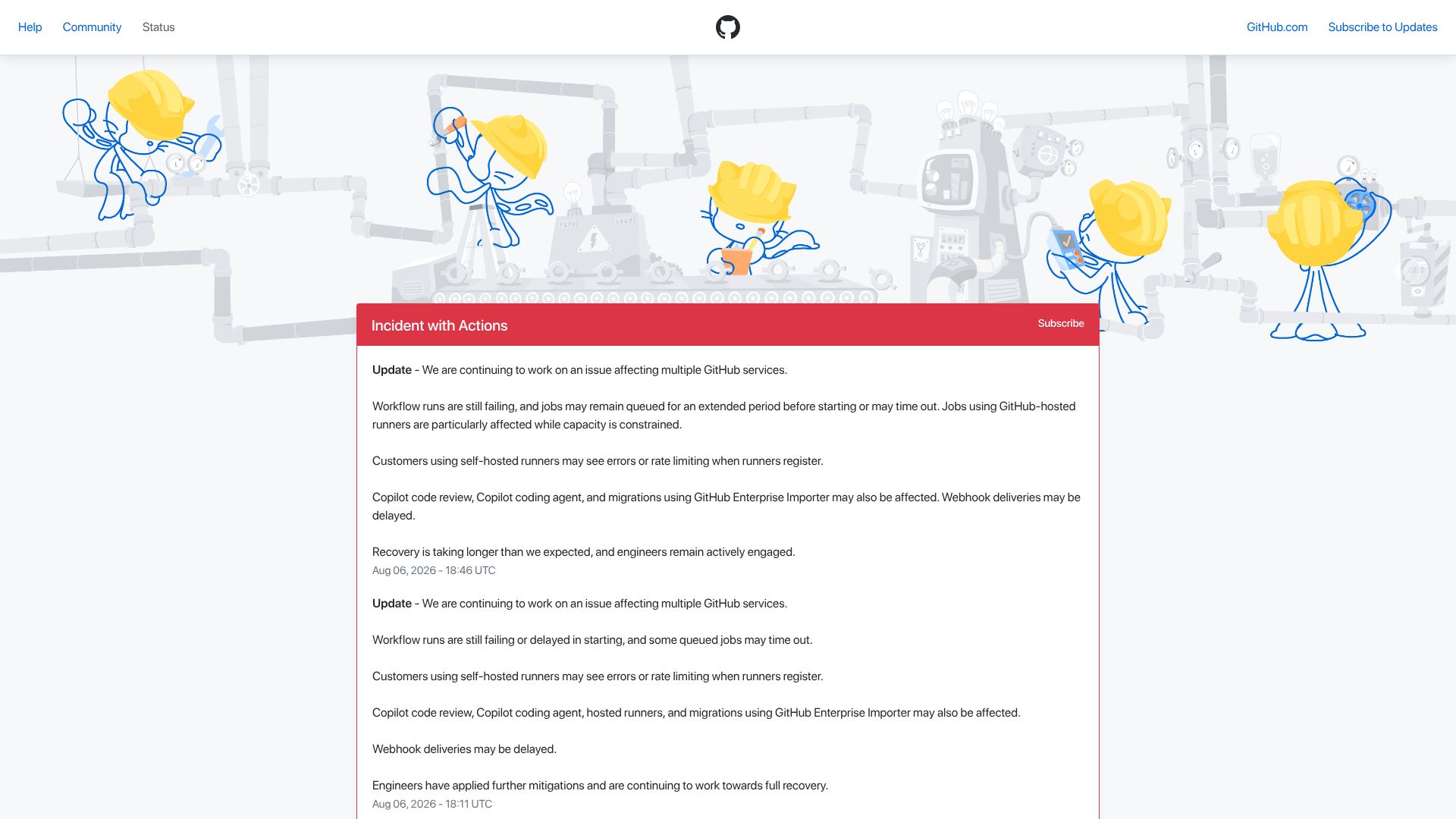 Screenshot of githubstatus.com: GitHub Is Experiencing Difficulties