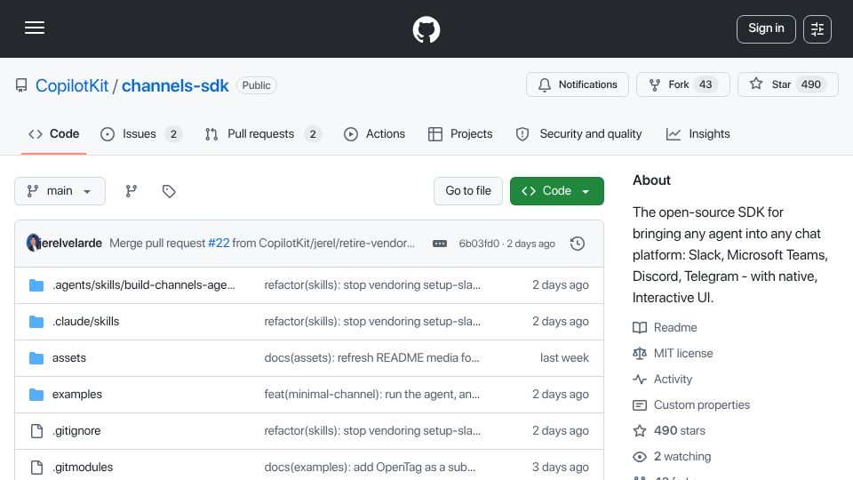 Screenshot of github.com: Show HN: The Channels SDK – Bring Any Agent to Any Channel (Slack, MS Teams)