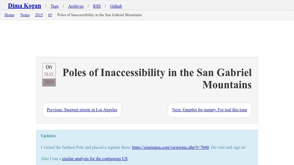 Screenshot of notes.secretsauce.net: Poles of Inaccessibility in the San Gabriel Mountains