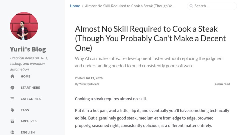Screenshot of blog.sydorets.com: Software development with AI is starting to feel like cooking steak