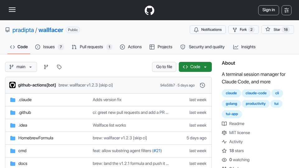 Screenshot of github.com: Show HN: Wallfacer – A terminal session manager for Claude Code, and more