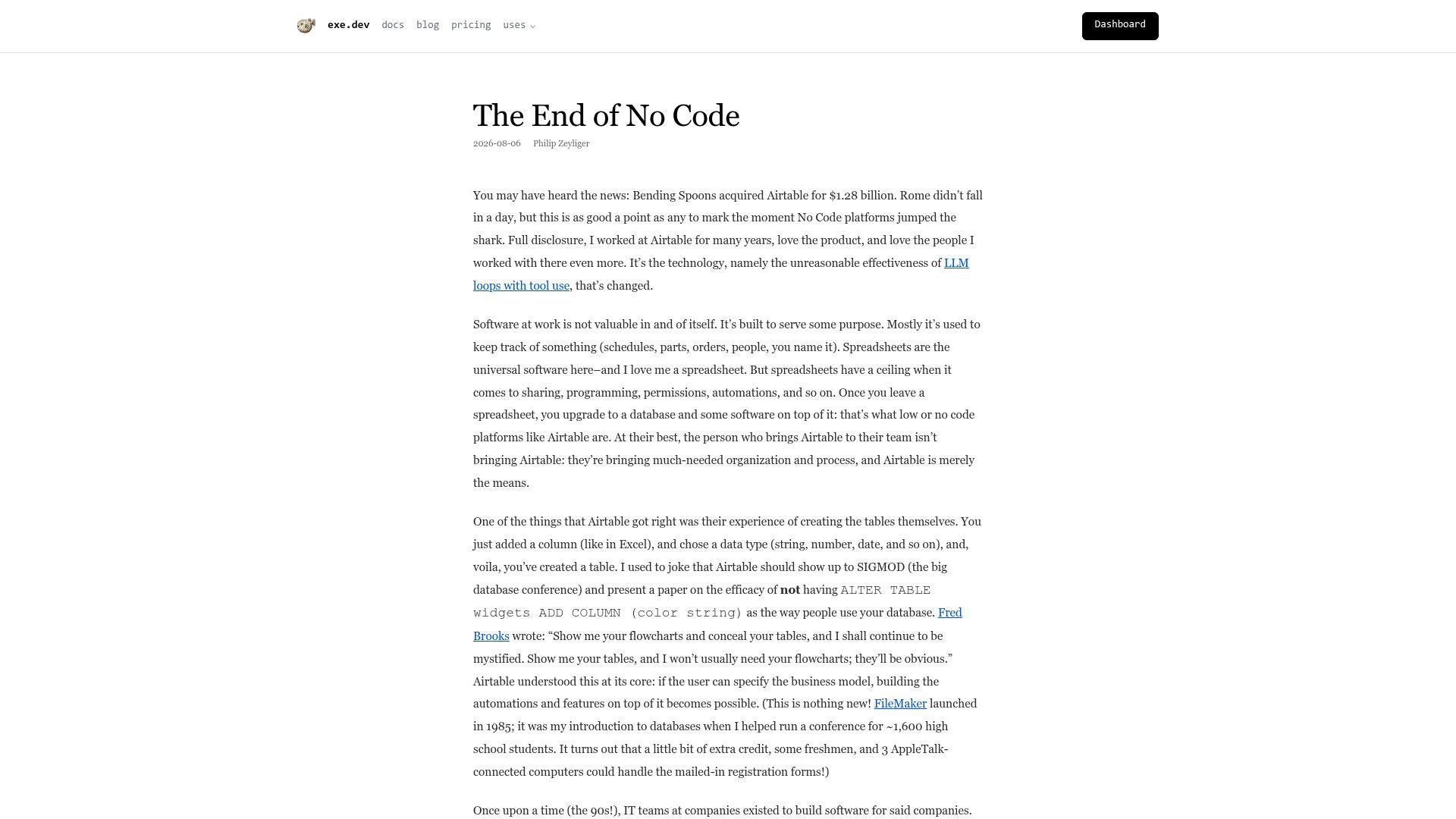 Screenshot of blog.exe.dev: The End of No Code