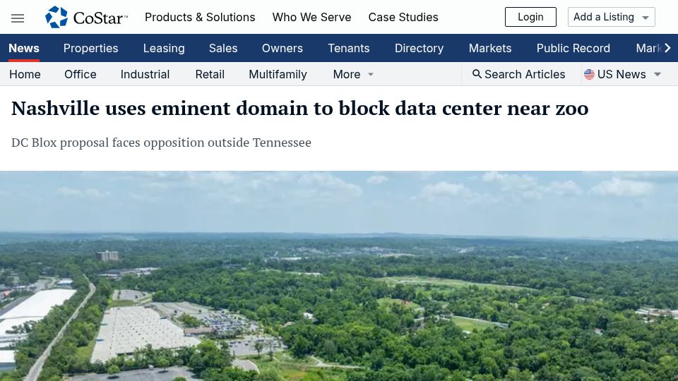 Screenshot of costar.com: Nashville uses eminent domain to block data center near zoo