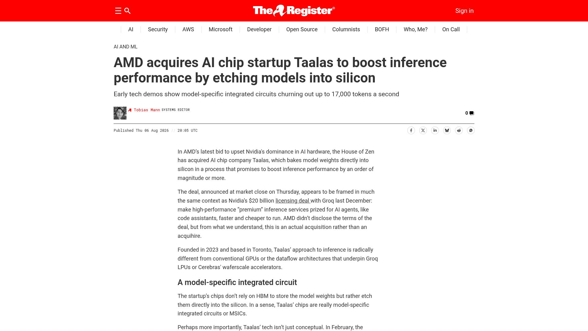 Screenshot of theregister.com: AMD acquires Taalas to boost inference performance by etching models in silicon