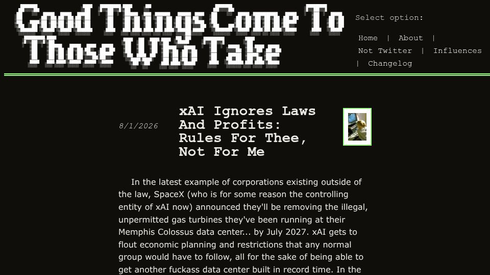 Screenshot of illegal.solutions: xAI, SpaceX, and the Race for AI Buildout
