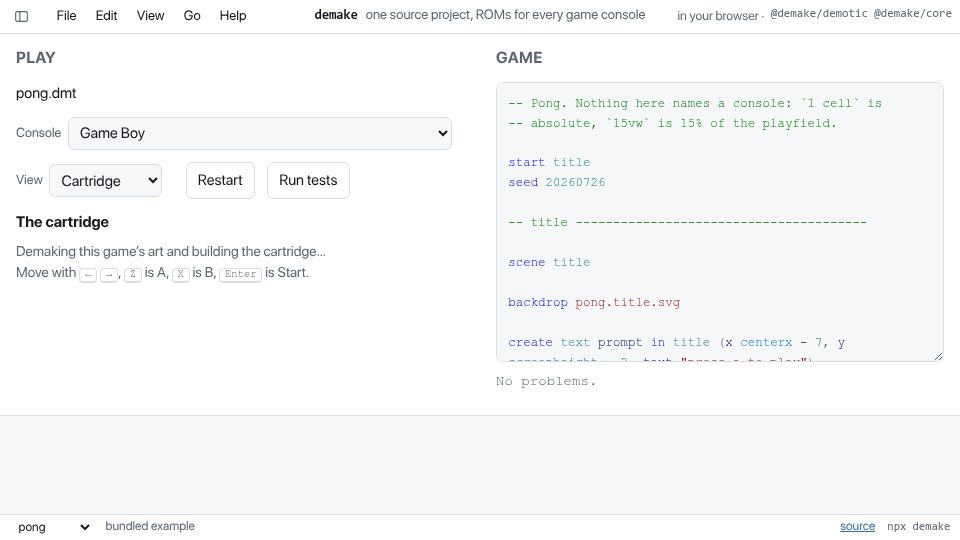 Screenshot of geosona.com: Show HN: demake – one source project compiles to any retro game console ROM