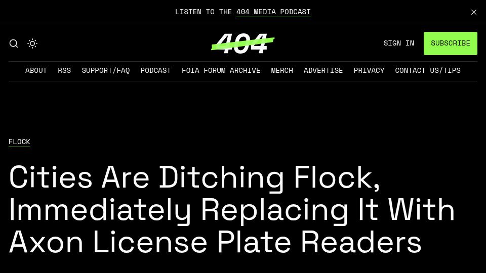 Screenshot of 404media.co: Cities Are Ditching Flock, Replacing It with Axon License Plate Readers
