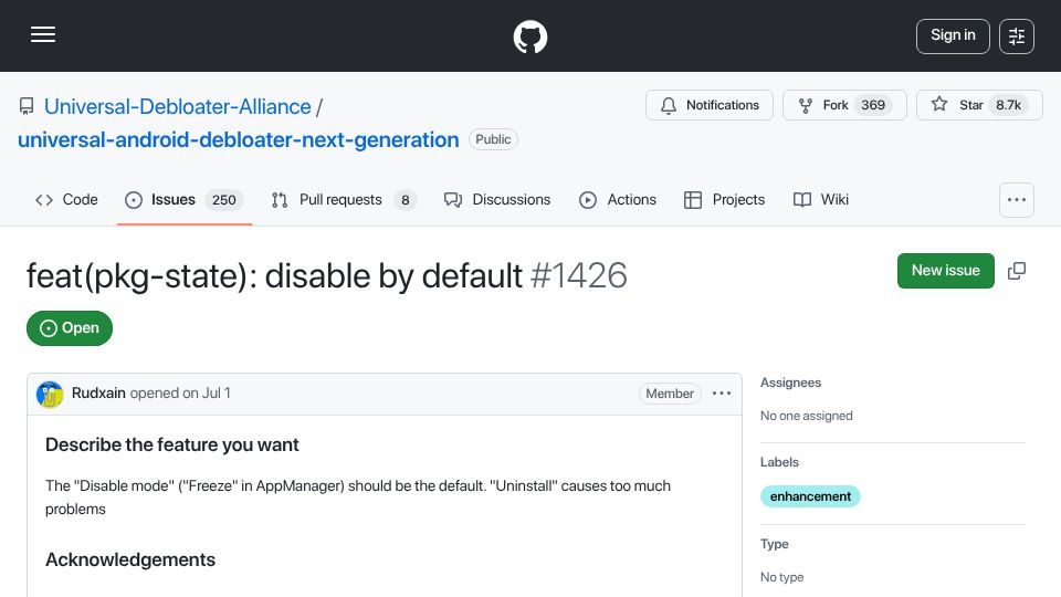 Screenshot of github.com: On non-rooted Android 17, ADB uninstall of system apps fails