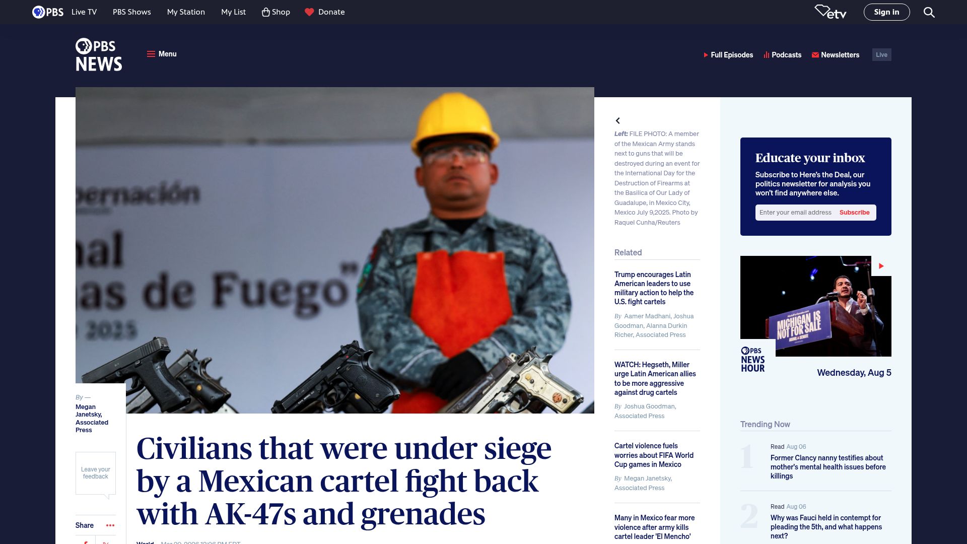 Screenshot of pbs.org: Civilians under siege by Mexican cartel fight back with AK-47s, grenades