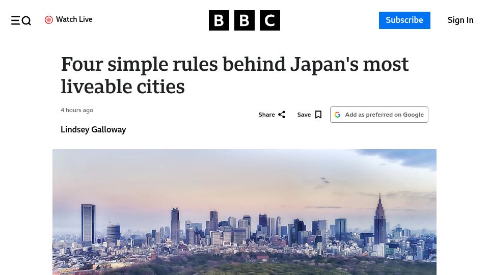 Screenshot of bbc.com: Four simple rules behind Japan's most liveable cities