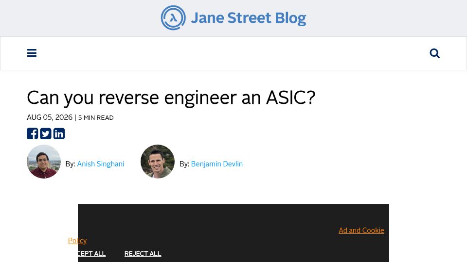 Screenshot of blog.janestreet.com: Can you reverse engineer an ASIC?