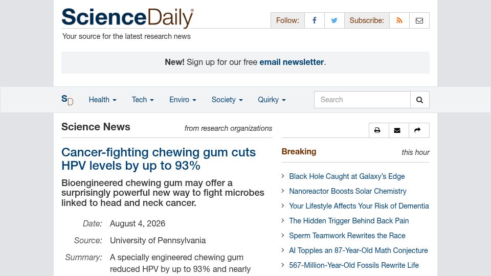 Screenshot of sciencedaily.com: Bioengineered chewing gum may offer a way to fight HPV and other microbes