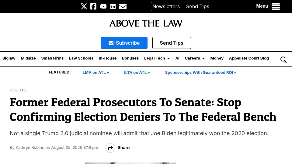 Screenshot of abovethelaw.com: Former Federal Prosecutors to Senate: Stop Confirming Election Deniers as Judges
