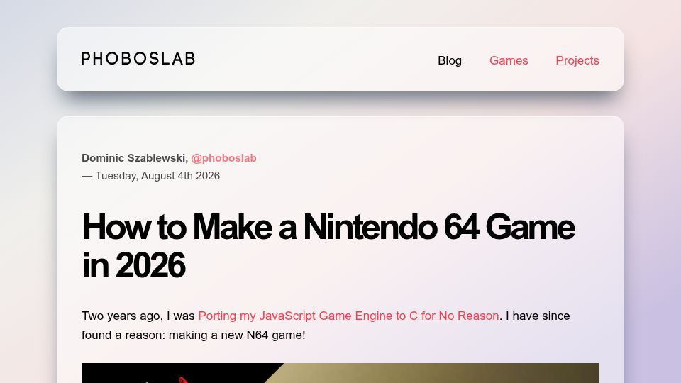 Screenshot of phoboslab.org: How to Make a Nintendo 64 Game in 2026