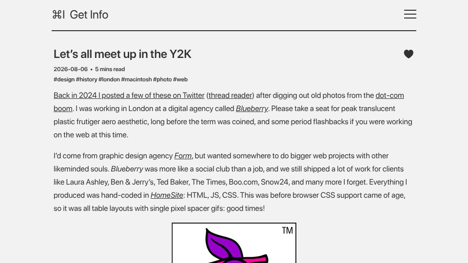 Screenshot of blog.gingerbeardman.com: Let's all meet up in the Y2K