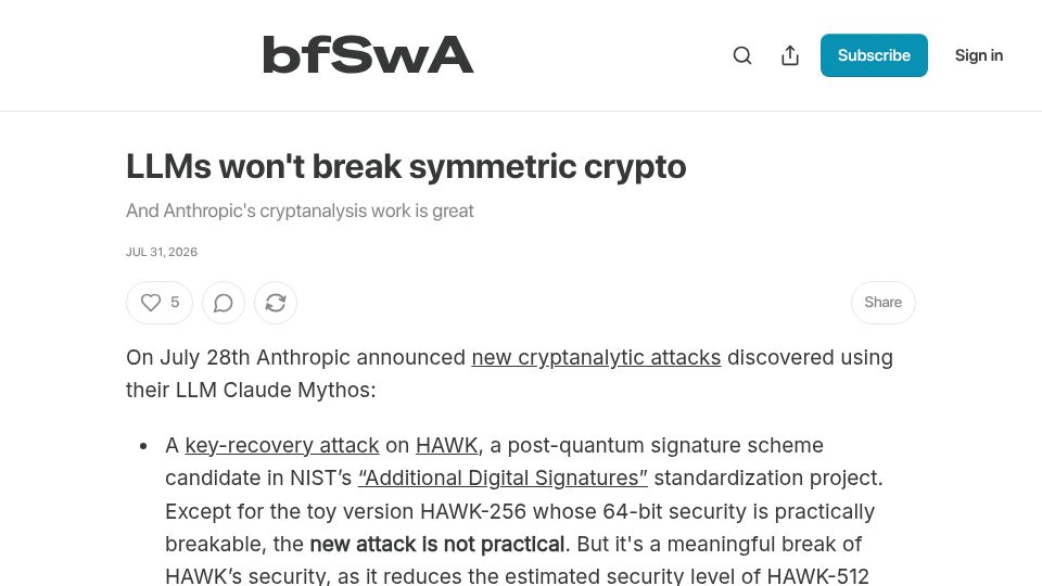 Screenshot of bfswa.blog: LLMs won't break symmetric crypto