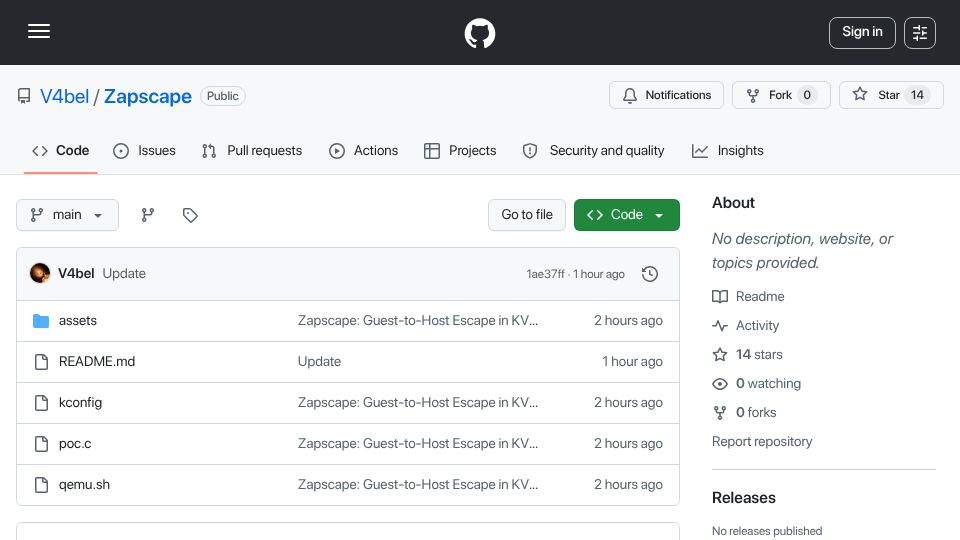 Screenshot of github.com: Zapscape (CVE-2026-64561): Guest-to-Host Escape in KVM/x86