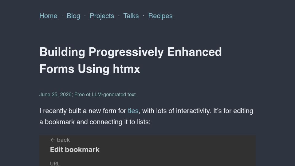 Screenshot of rafa.ee: Building Progressively Enhanced Forms Using htmx
