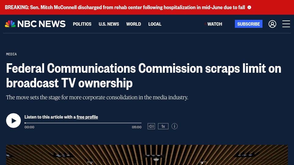 Screenshot of nbcnews.com: Federal Communications Commission scraps limit on broadcast TV ownership