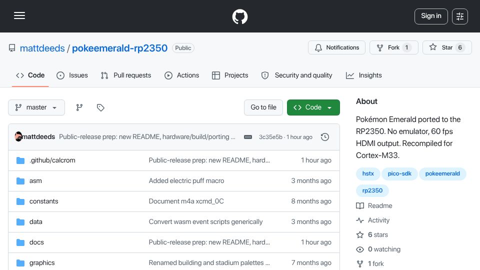 Screenshot of github.com: Show HN: Pokémon Emerald Ported to Raspberry Pi Pico 2