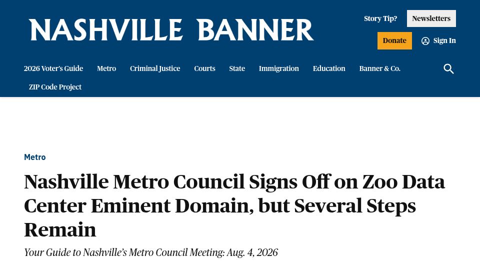 Screenshot of nashvillebanner.com: Nashville uses eminent domain to block data center near zoo