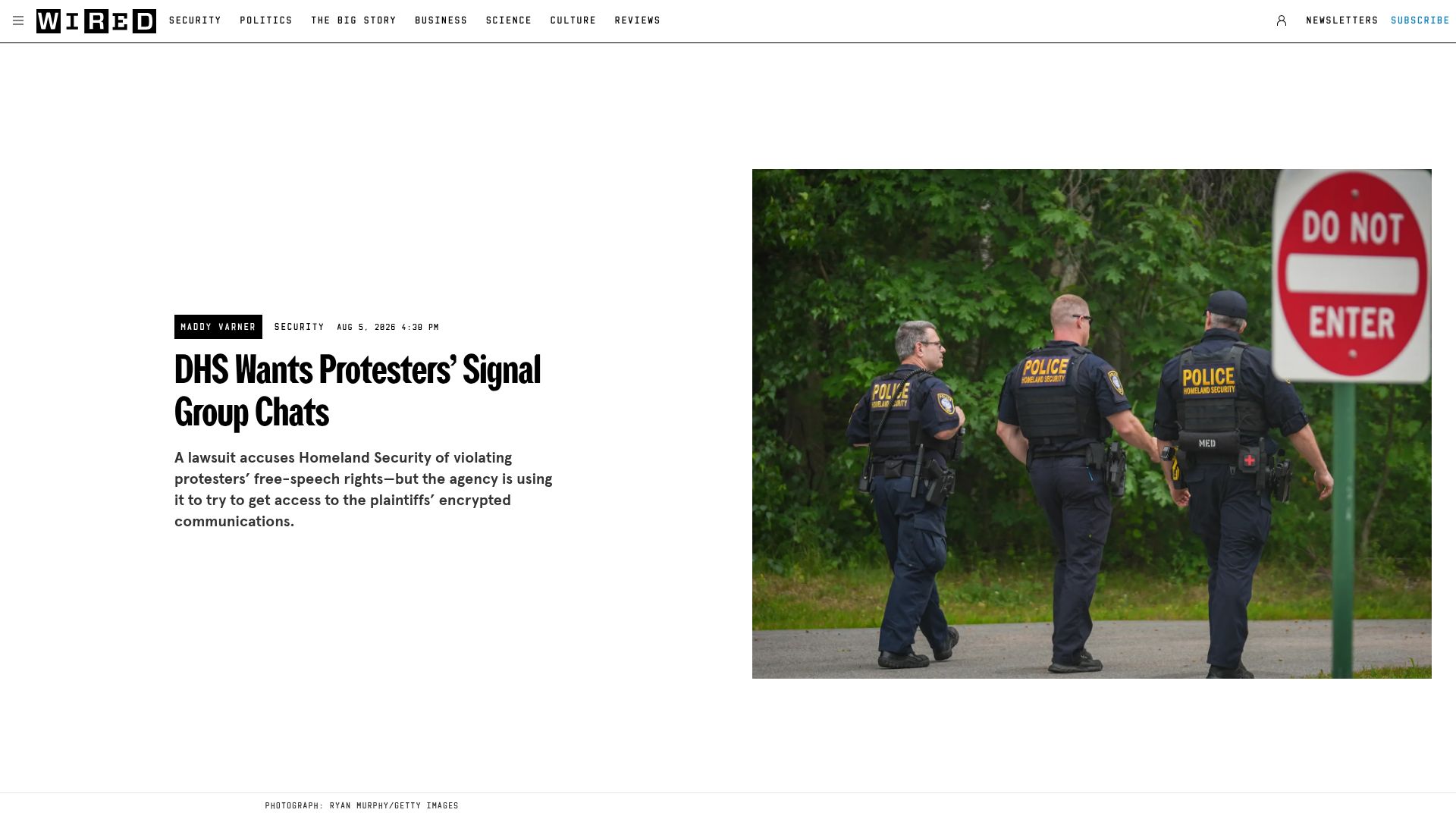 Screenshot of wired.com: DHS Wants Protesters' Signal Group Chats
