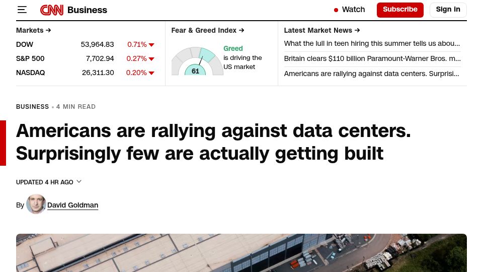 Screenshot of cnn.com: Americans are rallying against data centers. Surprisingly few are getting built