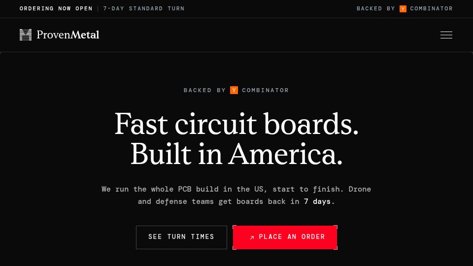 Screenshot of provenmetal.com: Launch HN: ProvenMetal (YC S26) delivers circuit boards in days instead of weeks