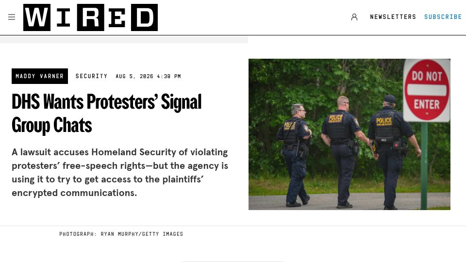 Screenshot of wired.com: DHS Wants Protesters' Signal Group Chats