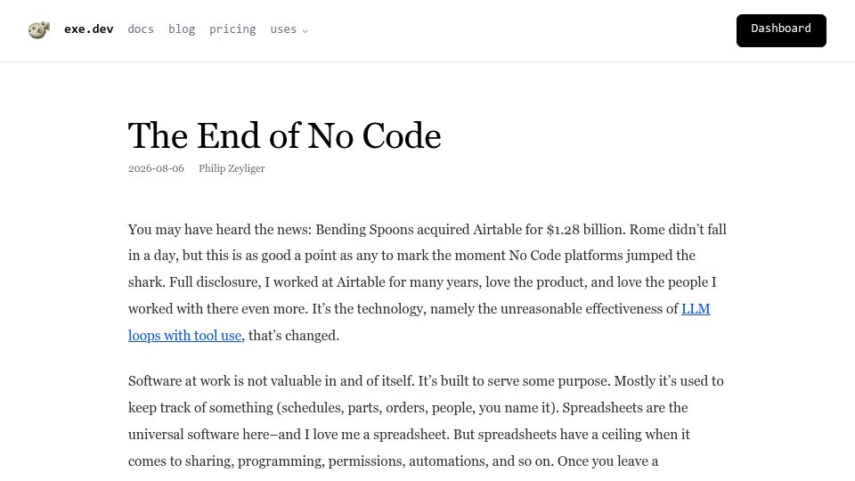 Screenshot of blog.exe.dev: The End of No Code